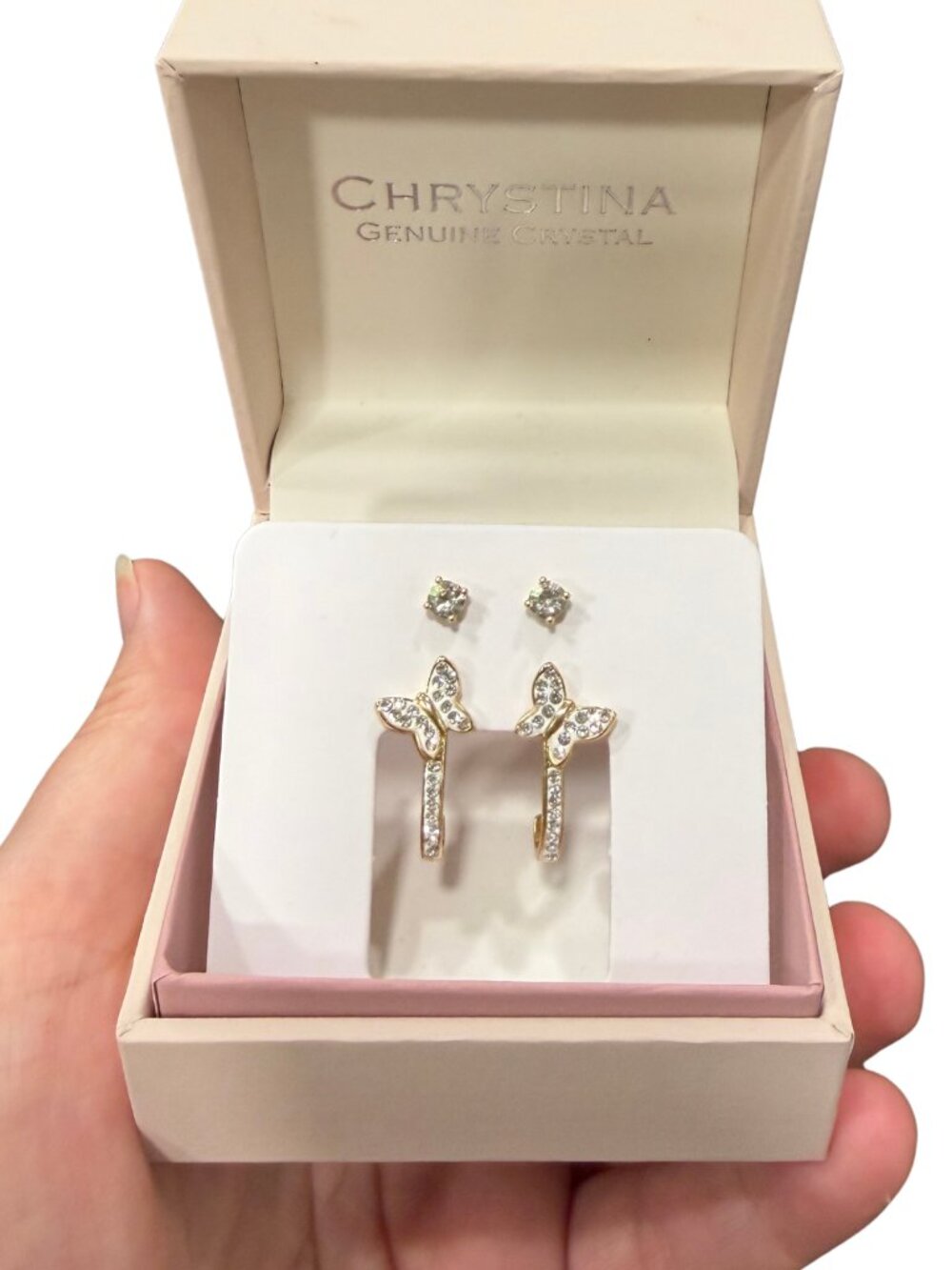 Chrystina 14k Gold Plated Crystal Stud Butterfly Hoop Earring Set NIB